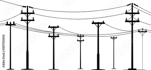 A collection of black silhouette electricity poles with varying heights and wire configurations against a white background representing a dynamic power network