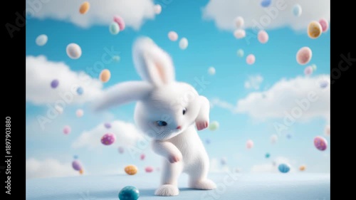 Happy cartoon bunny doing cool viral dances with falling easter eggs from sky