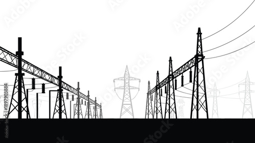 A detailed silhouette of a power substation with multiple transmission towers and electrical equipment against a white background illustrating complex energy infrastructure
