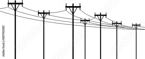 A descending line of electricity poles with multiple power lines forming a dynamic network against a white background