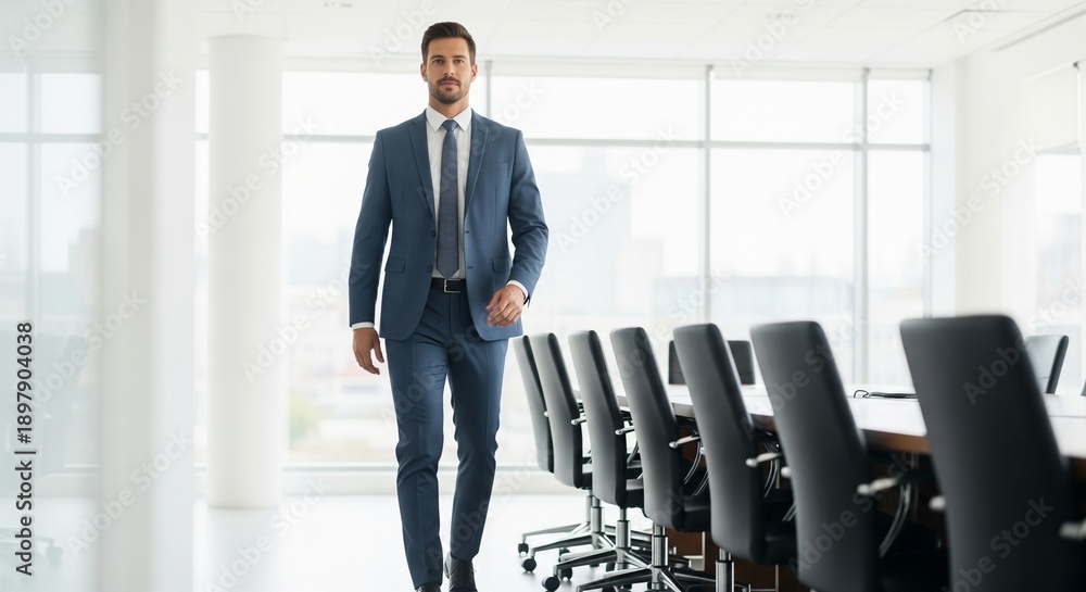 Fototapeta premium Businessman in blue suit walking through modern office boardroom with empty chairs, forward movement, business journey, environment, modern