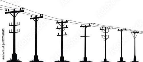 A line of wooden electricity poles with wires and insulators against a white sky power line wooden pole
