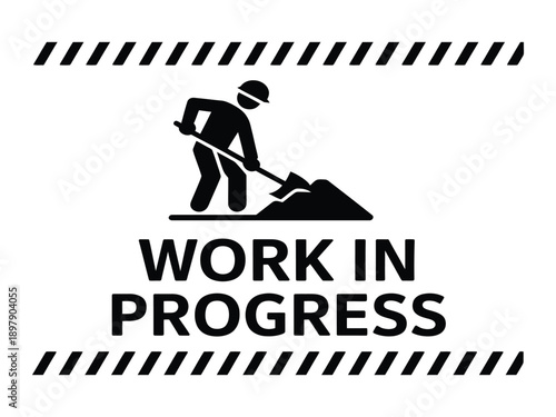Work in progress sign with construction worker digging pile of dirt and black hazard stripes on transparent background