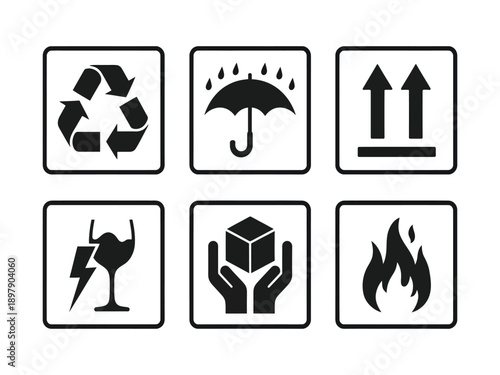Packaging handling instructions labels set vector icons black on transparent background fragile flammable recycle handle with care
