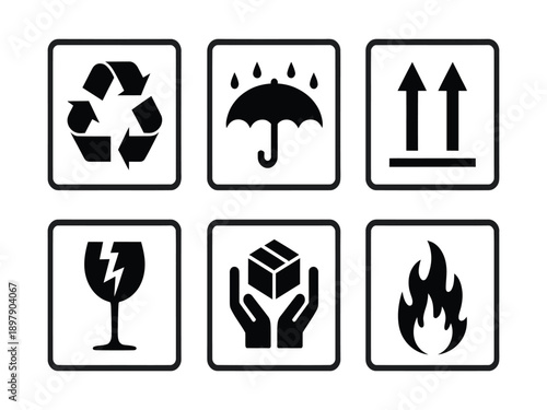 Collection of six packaging and fragile cargo handling warning symbols on a transparent background, flat design vector icons