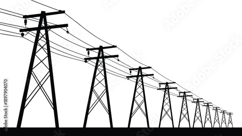 A long row of electricity pylons and power lines stretching across a dark ground silhouette against a bright white sky