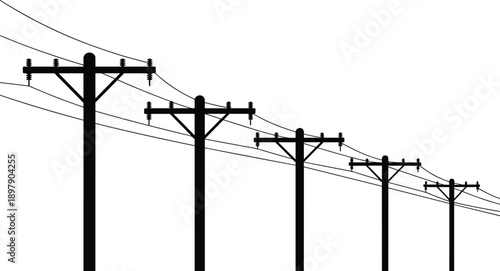 A row of electricity poles with power lines stretching across a clear white background in a descending diagonal line