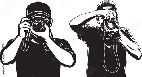 Two photographers in silhouette, one wearing a baseball cap, capturing moments with their cameras
