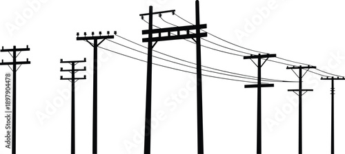 A varied arrangement of electricity poles with different crossarm styles and power lines against a white backdrop