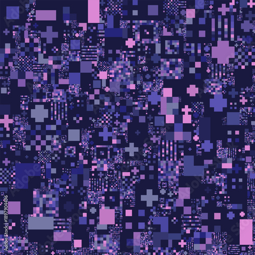 Vibrant purple-blue pixel mosaic of small squares, plus signs and blocks in varying shades, chaotic digital grid like big data streams or crypto transaction patterns.