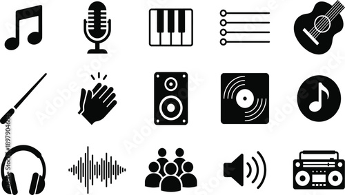 Music and Audio Icon Collection Featuring Microphone, Headphones, Sound Waves, Podcast Symbols, Piano Keys, Radio, Cassette Tape, and Voice Notes
