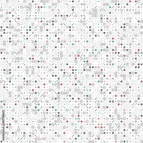 Delicate abstract scatter of tiny multicolored dots, stars and small geometric shapes in pastel tones on light gray-white background, forming subtle noisy pattern like big data particle flows 
