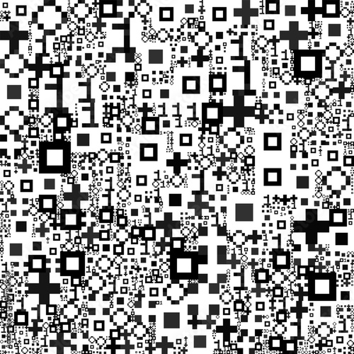 Complex binary checkerboard mosaic of black and white squares, crosses, plus signs and rectangular blocks in chaotic arrangement, forming noisy abstract grid reminiscent of big data matrices