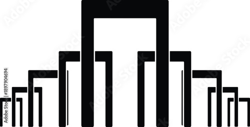 Abstract geometric arrangement of black rectangular shapes forming a symmetrical, tiered structure against a white background representing modern architecture