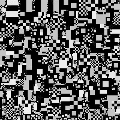 Chaotic pixelated abstract pattern composed of irregular black, white and gray squares, rectangles and checkerboard fragments creating noisy digital glitch texture