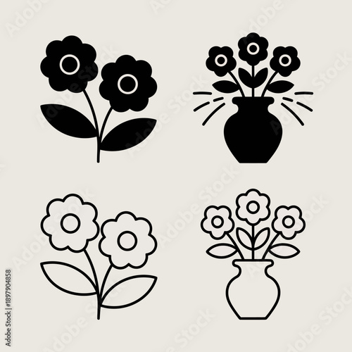 Simple black and white flower illustrations in vases and bouquets.