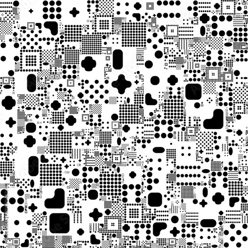 Chaotic monochrome mosaic of scattered squares, circles, dots, crosses and irregular blocks in black on white, forming noisy abstract grid like big data clusters and crypto nonce patterns.