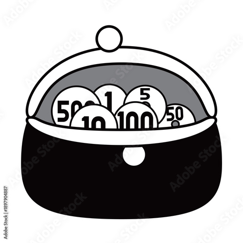 小銭（硬貨）がたくさん入ったがま口財布のイラスト