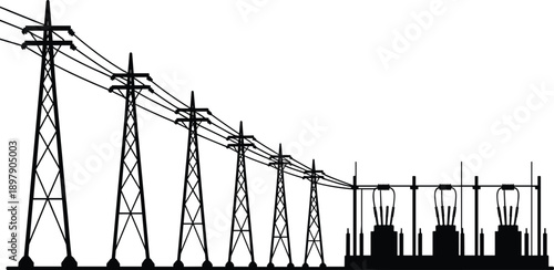 Detailed black and white silhouette of a power substation with multiple high-voltage transmission towers and electrical transformers