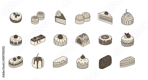 Assorted Sweet Cake and Bakery Icons Set in Isometric Hand Drawn Style