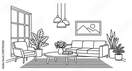 Line art living room interior set featuring a sofa, armchair, plants, and coffee table for home decor