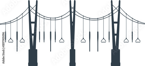 Dark silhouette of electricity transmission towers and hanging insulators against a white background in a clean style