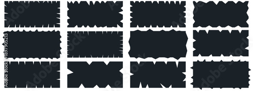 Jagged black borders with torn paper textures. Rough geometric shapes perfect for creative labels, vintage collage art, and modern graphic design projects.
