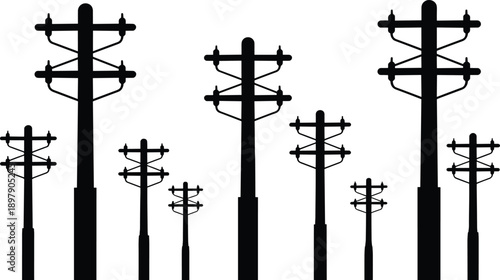 Group of black silhouette utility poles with insulators and crossbars against a white background