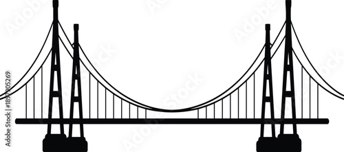 Iconic suspension bridge silhouette in black and white against a clean white background, highlighting its structure and cables