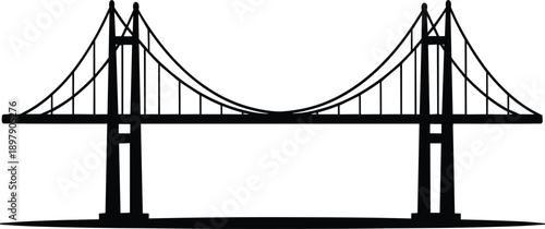 Iconic suspension bridge silhouette with towers and sweeping cables against a stark white background symbolizing connectivity and engineering marvels