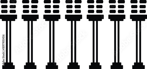 Repetitive black and white of multiple identical server racks or data storage units standing in a row on a white background
