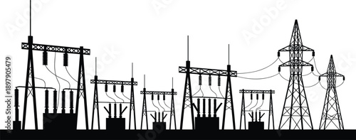 Silhouette of a large electrical substation with voltage towers and power lines against a white background representing energy infrastructure