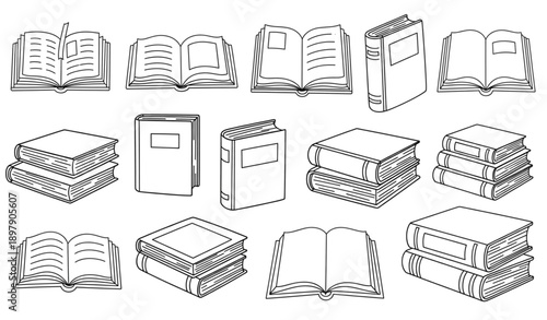 Doodle Book Icons with Open Closed and Stacked Volumes for Education Themes