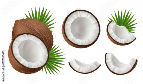 Whole and half coconut realistic vector illustration with palm leaves for food and cosmetic branding
