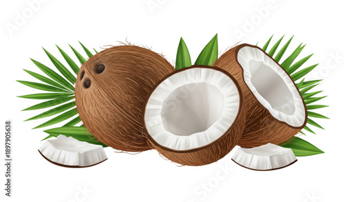 Realistic coconut vector set with whole and cracked coconuts and green palm leaves isolated on white