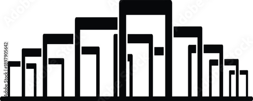 Stylized black silhouette of a cityscape with varying height rectangular buildings arranged on a horizontal line against a white background