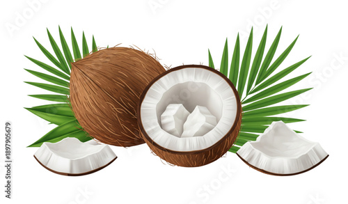 Coconut realistic vector illustration set with cracked coconuts and palm leaves for packaging design
