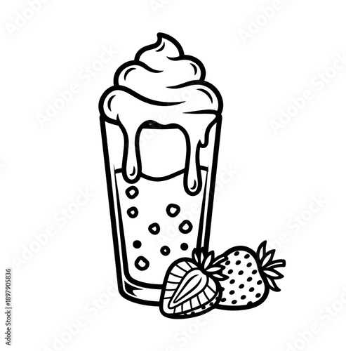 A playful black and white vector outline depicts a tall, bubbly drink overflowing with dripping whipped cream, nestled beside a whole and cut strawberry in a crisp, coloring-book style design