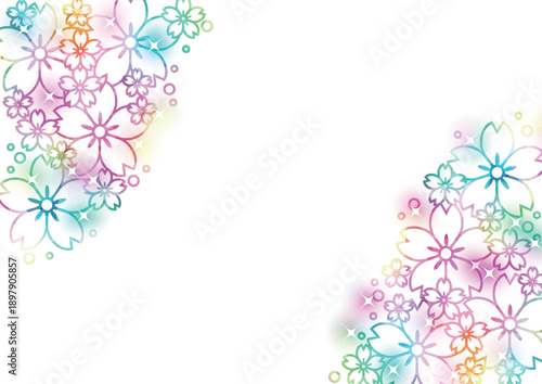 桜線画、背景、イラスト、虹色、キラキラ、かわいい、横