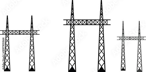 Three distinct black silhouette electricity pylons of different and sizes stand in a row against a clean white background illustrating power transmission