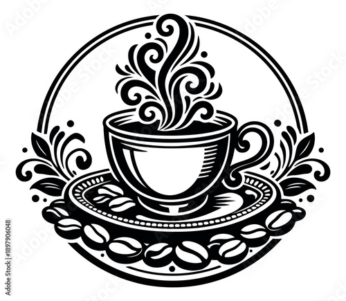 Decorative hand drawn line art illustration of a coffee cup depicting hot steaming coffee with beans for cafe branding