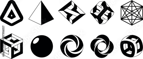 Abstract geometric vector set featuring minimalist black and white icons, impossible shapes, futuristic symbols, and 3D linear elements for modern brand identity design