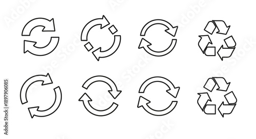 Set of eight outline icons depicting refresh, reload, and recycling symbols with circular arrows.