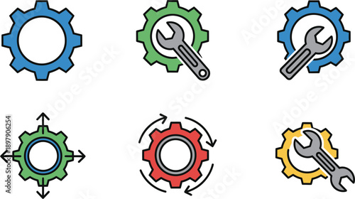Collection of gear and wrench icons representing settings, tools, and mechanical processes.