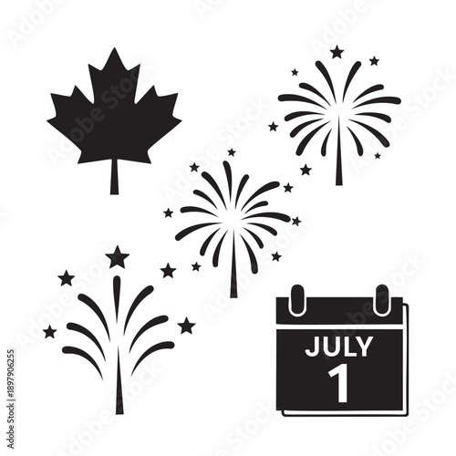Canada Day celebration with maple leaf and fireworks illustration