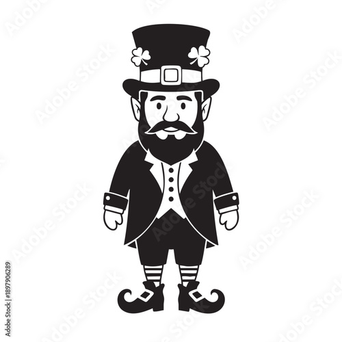 Cartoon leprechaun character with top hat and clover design isolated