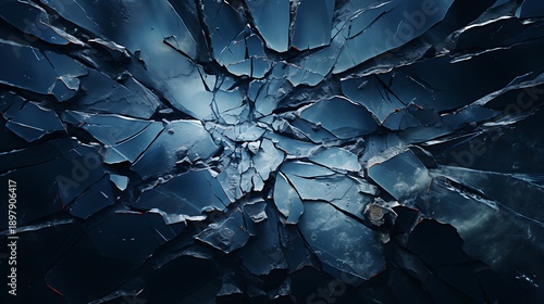 A mesmerizing view of shattered glass reflecting a dark, mysterious light