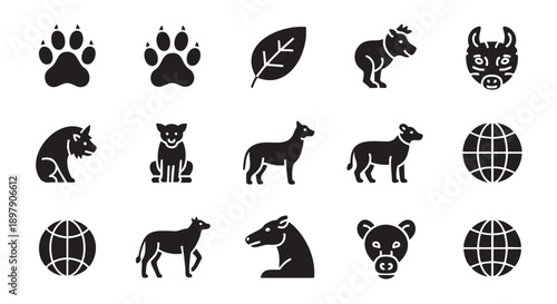 Collection of dog cat paw leaf and globe silhouette icons in flat design