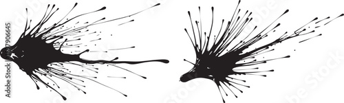 A pair of black ink splatters on a white background with dynamic lines