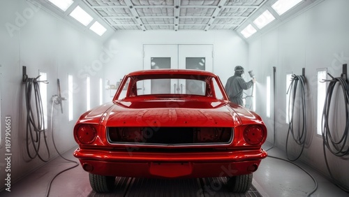 Vivid crimson vintage car receiving meticulous attention in an advanced paint booth environment